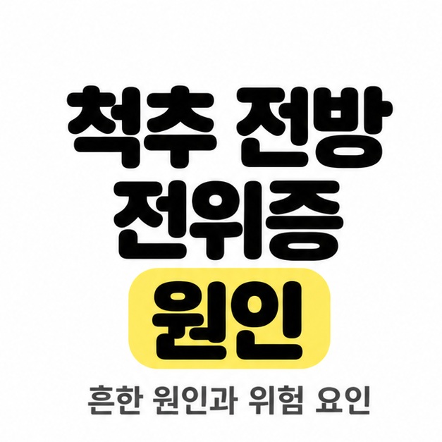 척추 전방 전위증 원인 제목과 흔한 원인과 위험 요인이라는 보조 문구를 배치하고 원인을 노란색으로 강조한 표지