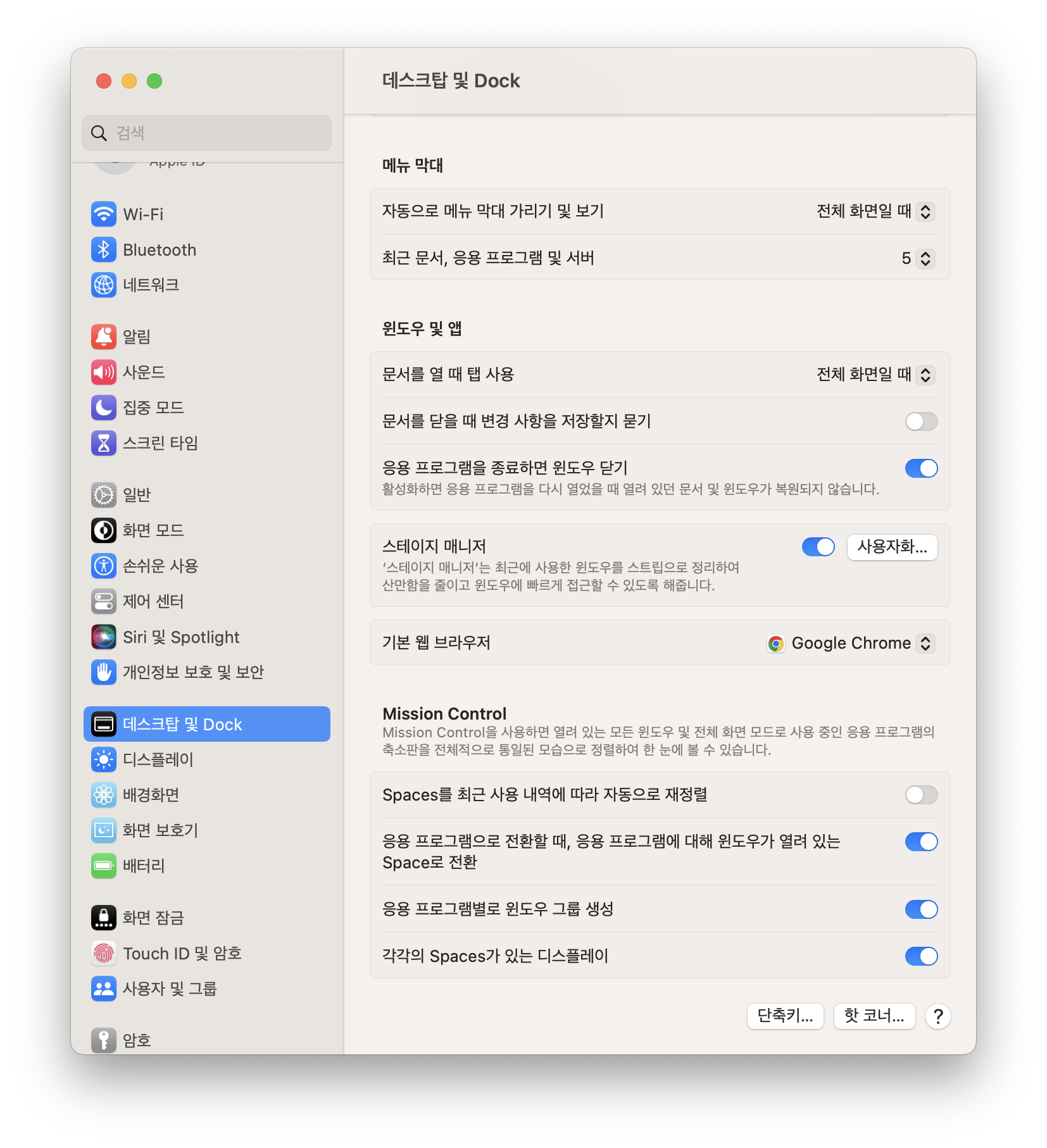 설정 &gt; 데스크탑 및 Dock 옵션