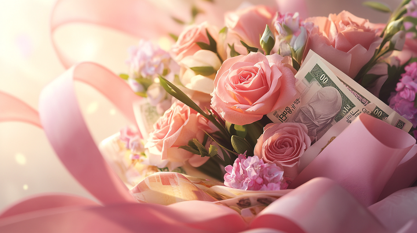 어버이날 선물로 돈꽃다발을 준비하는 모습