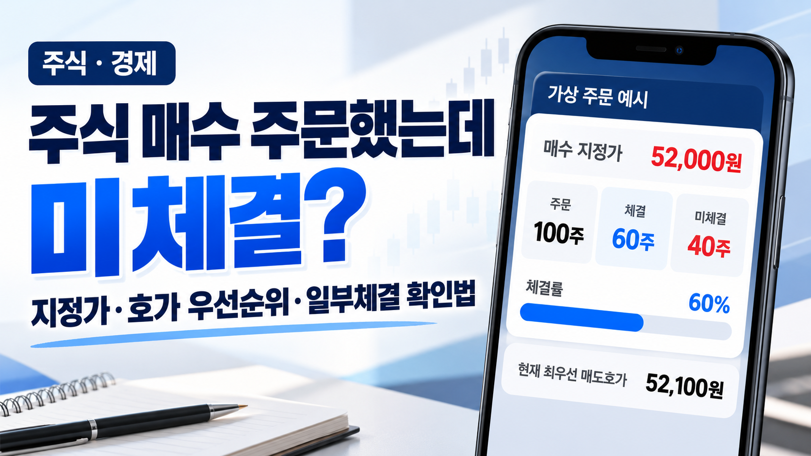 주식 매수 주문 미체결 원인과 지정가 호가 우선순위 설명. 52,000원에 100주 매수 주문 후 60주 체결, 40주 미체결된 가상 주식 주문 사례