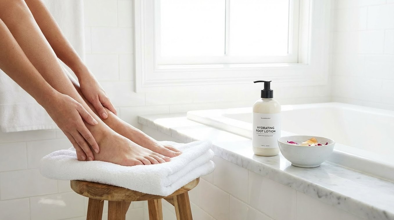 맨발 걷기 후 깨끗한 물로 발을 꼼꼼하게 씻고 수건으로 닦는 모습