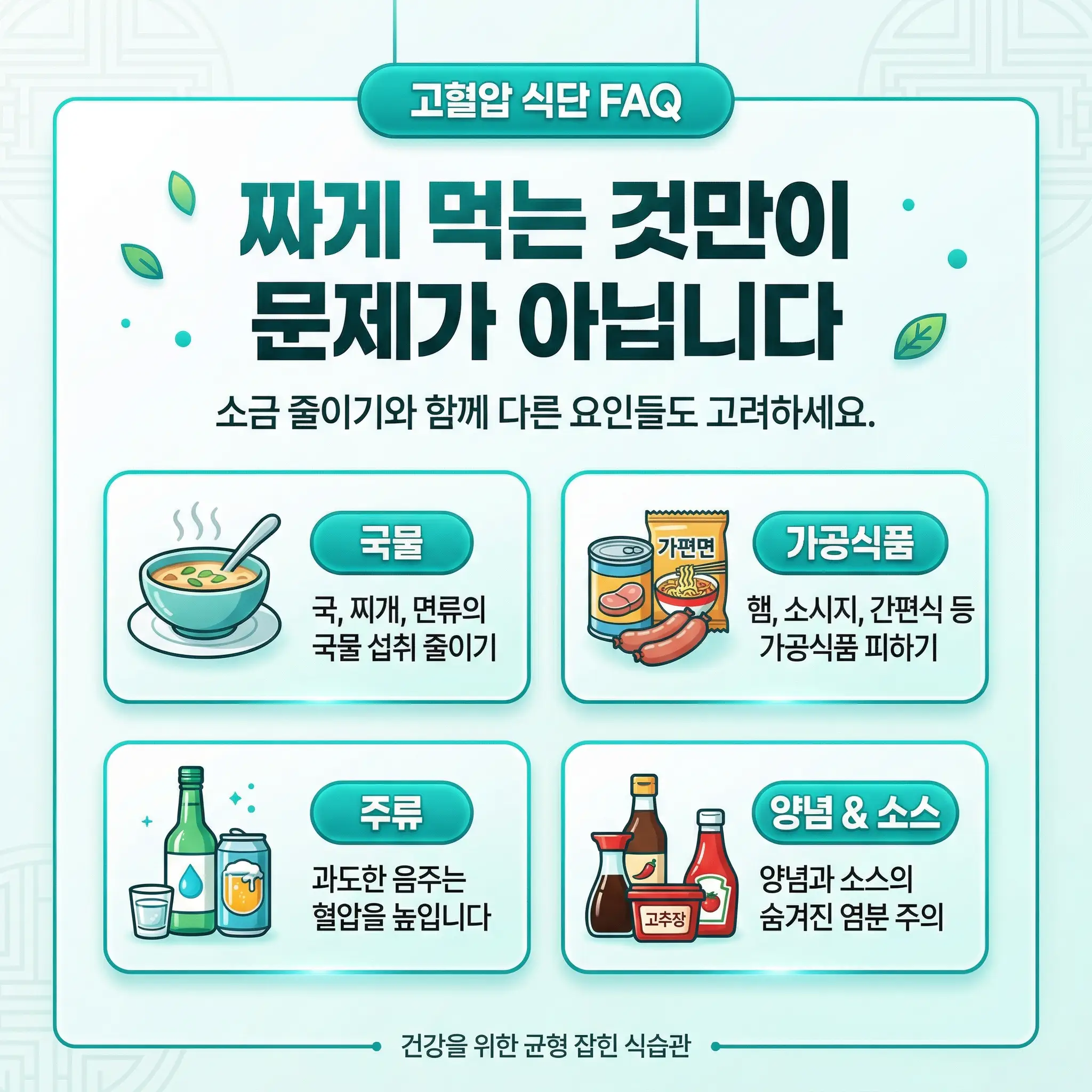 고혈압 식단은 짠 음식만이 아니라 전체 식사 패턴을 함께 봐야 한다는 메시지 카드