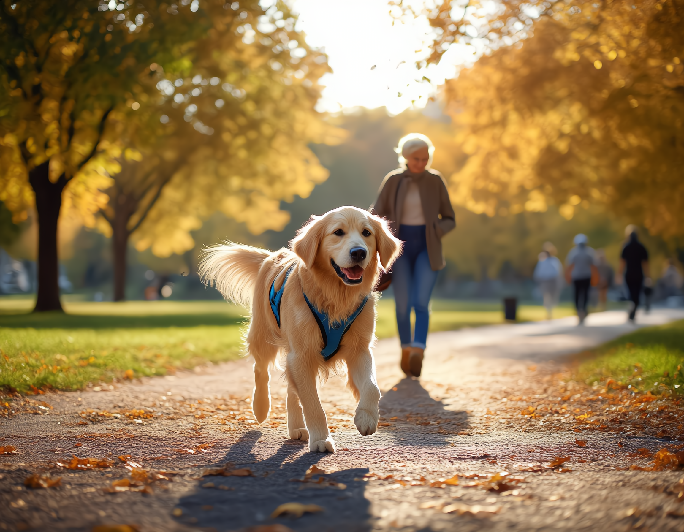 편안한 하네스를 착용하고 보호자와 즐겁게 산책하는 강아지 모습