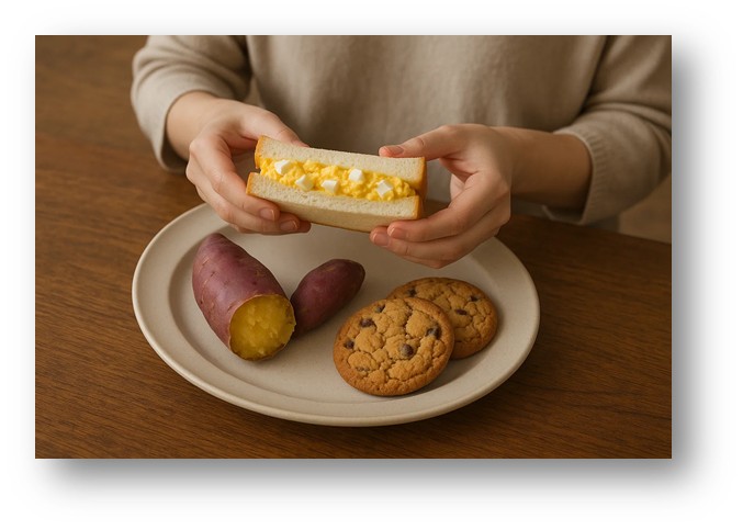 배달 간식을 줄이고 집에서 직접 만든 계란샌드위치, 삶은 고구마, 초코칩 쿠키 등을 놓고서 먹는 사람의 모습