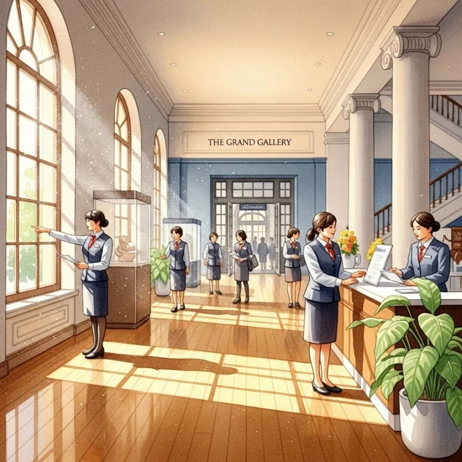 햇살이 비치는 미술관 입구에서 관람객을 맞이하는 모습