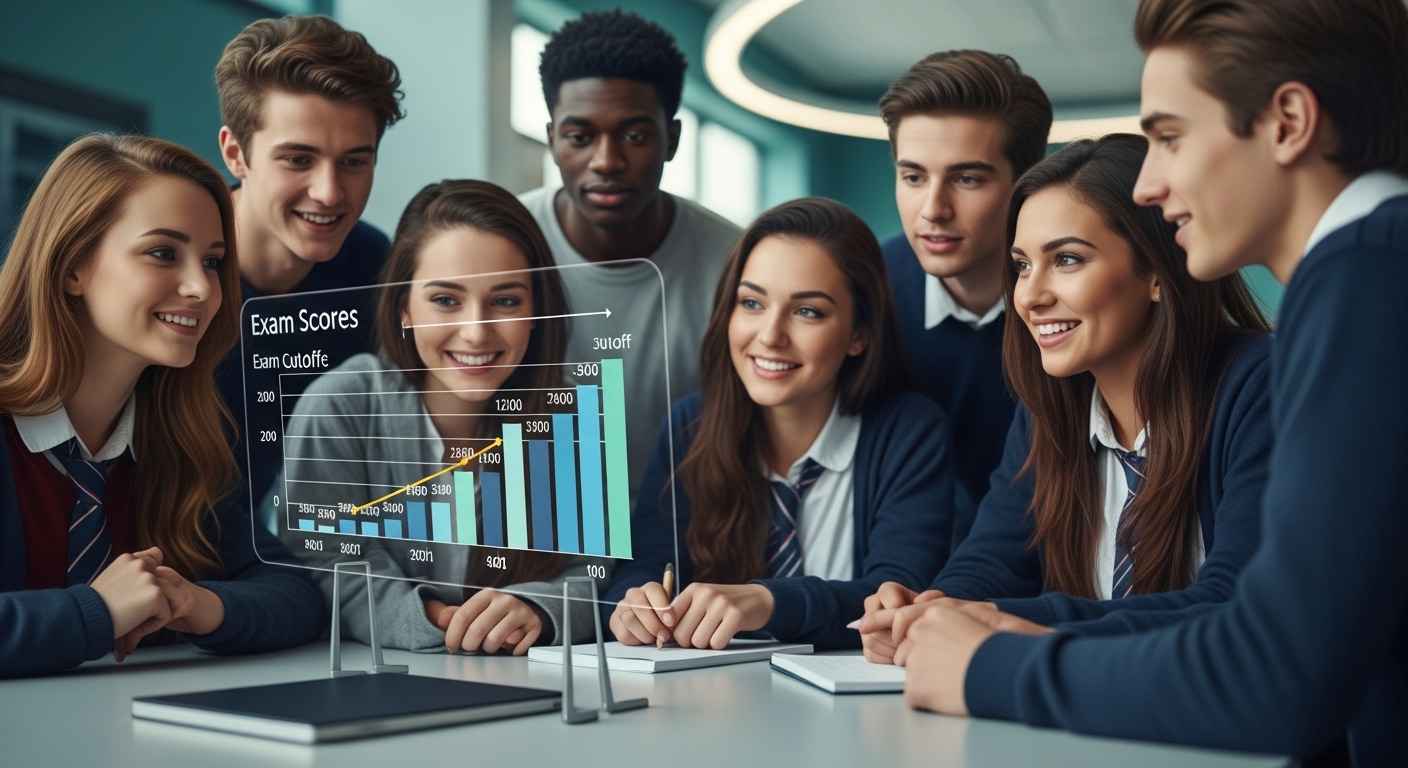 디지털 화면에 수능 등급컷 그래프를 보며 입시 전략을 논의하는 고등학생들. 학업과 미래에 대한 희망과 집중이 느껴지는 모습입니다.