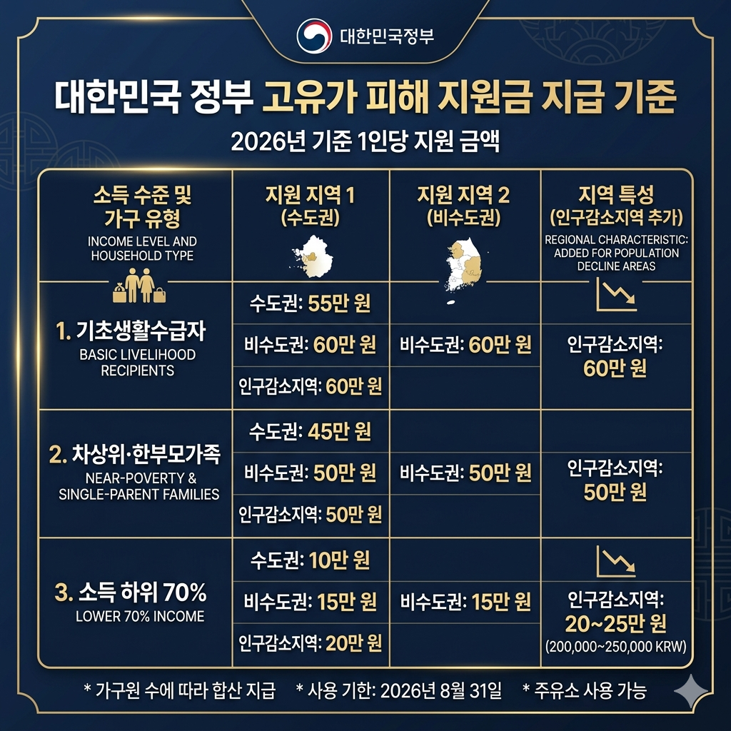 alt="고유가 피해지원금 소득별 지역별 지원금액 비교표 2026"