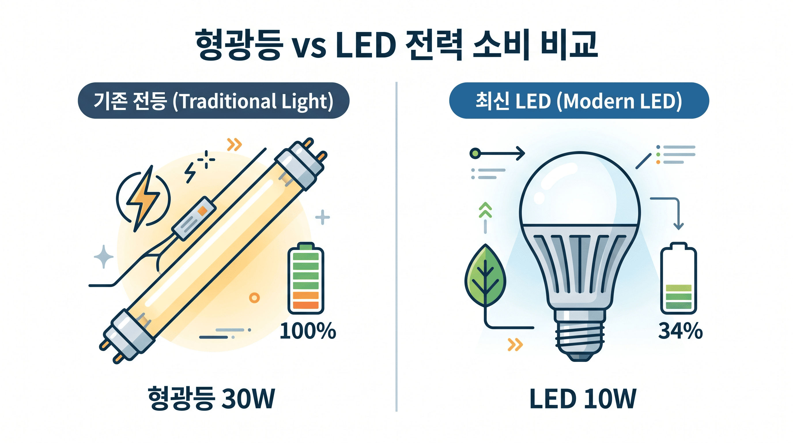 형광등 30W와 LED 10W 전력 소모 비교 - LED 전환 시 66% 절감 효과