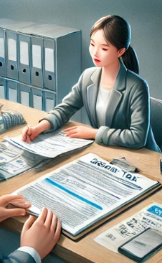 책상에 서류가 있고 여자가 앉아 있는 모습