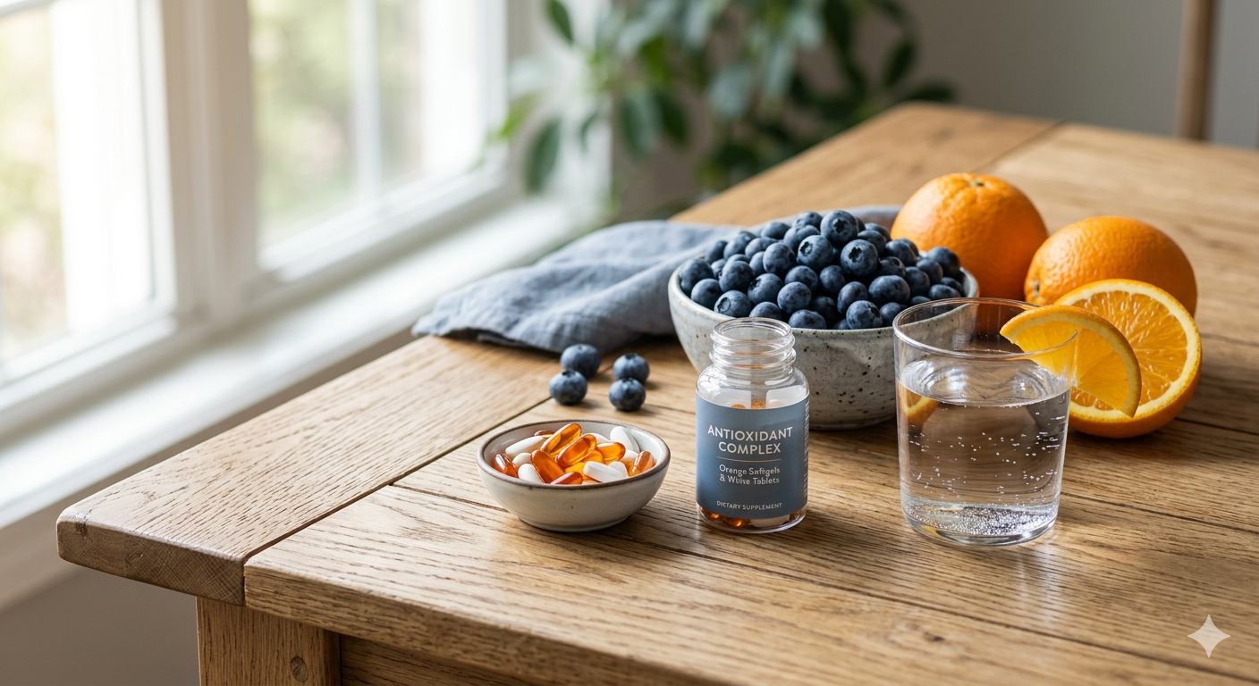 various antioxidant supplements (orange capsules, white tablets) placed on a clean wooden table next to fresh blueberries, oranges, and a glass of water. Soft natural morning sunlight streaming through a window, creating a calm and healthy atmosphere.