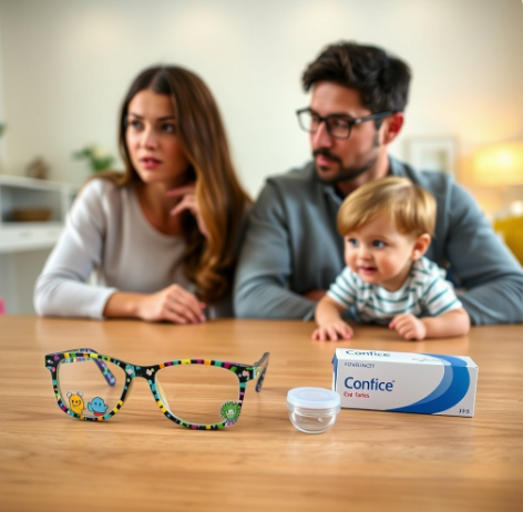 유아기 안경과 콘텍트렌즈 고민하는 부모님 사진