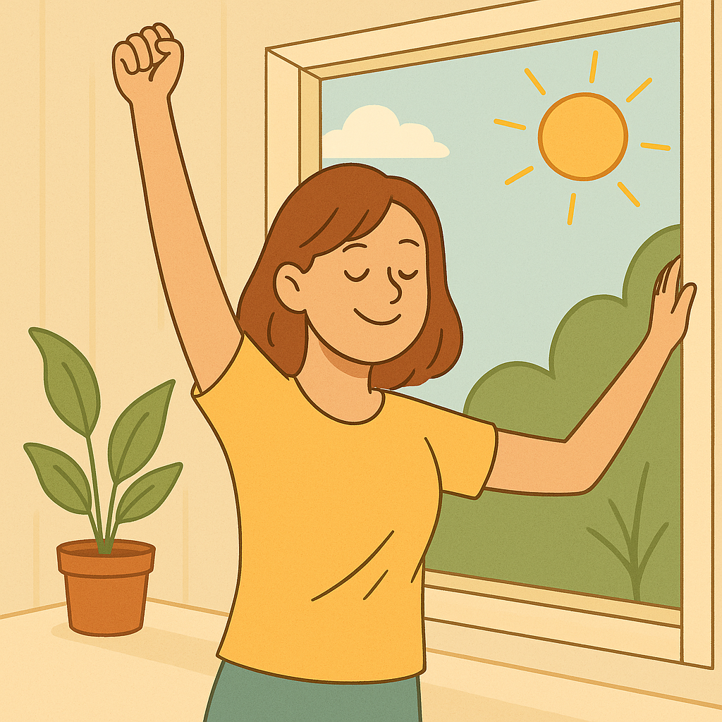 햇살 아래 창가에서 스트레칭하며 마음을 다스리는 모습을 담은 따뜻한 일러스트