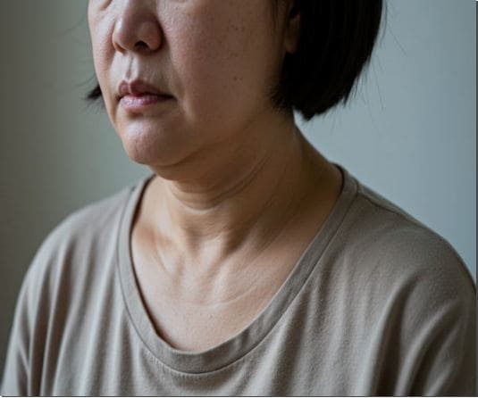 교질 삼투압 기능 저하로 얼굴이 부은 여성 사진