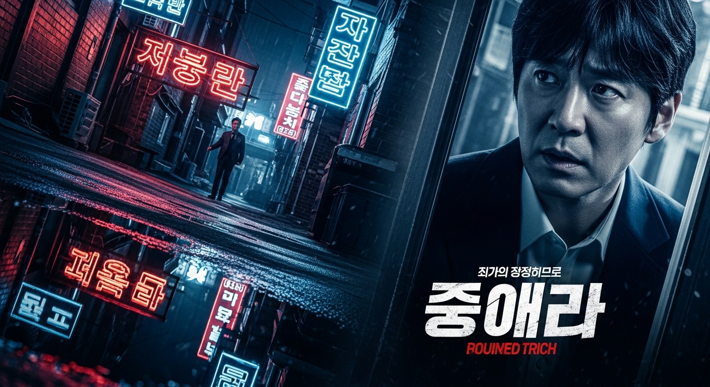 심오한 범죄 스릴러 드라마 '검은 태양의 그림자'의 한 장면, 어둡고 긴장감 넘치는 분위기의 거리