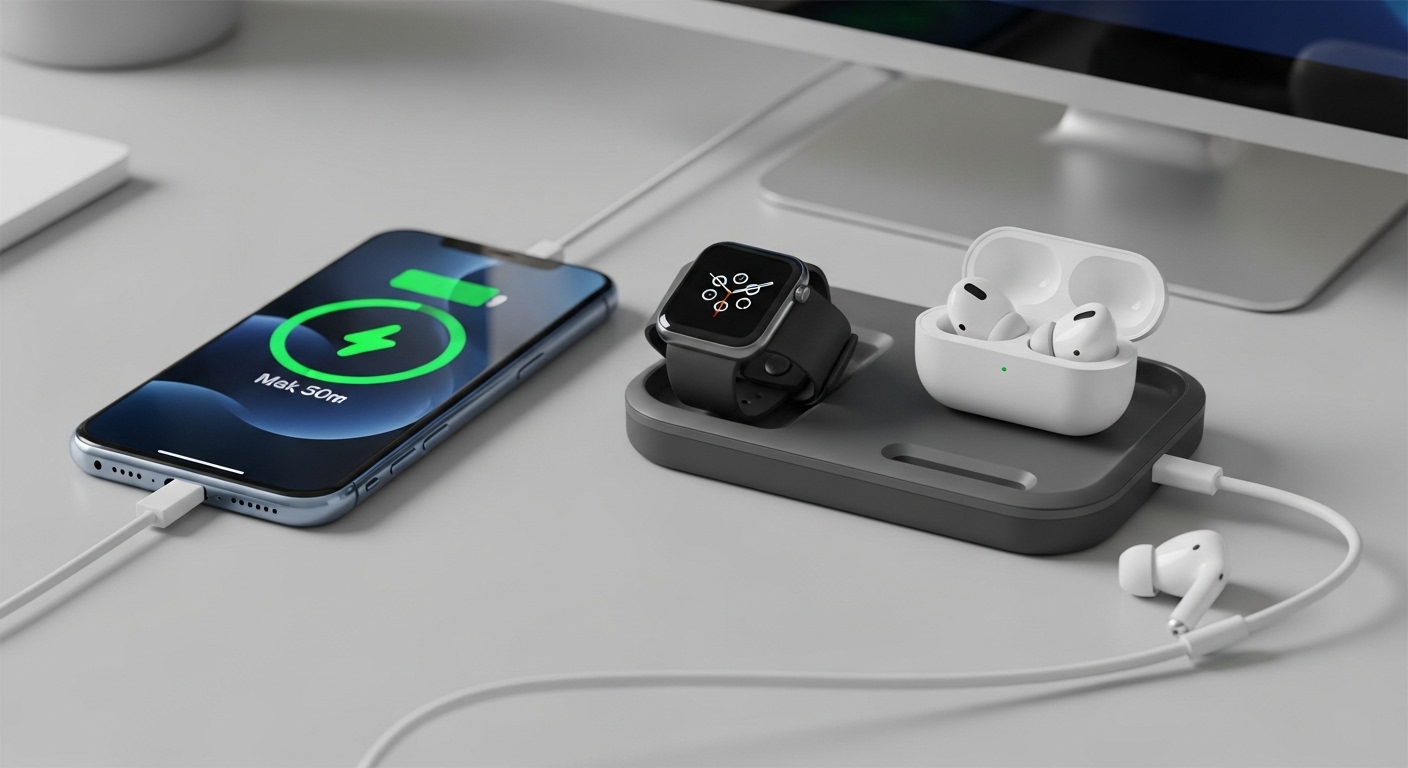 스마트폰, 스마트워치, 이어폰을 동시에 충전하고 있는 세련된 3-in-1 무선 충전기. 책상 위 케이블이 없어 깔끔하다.