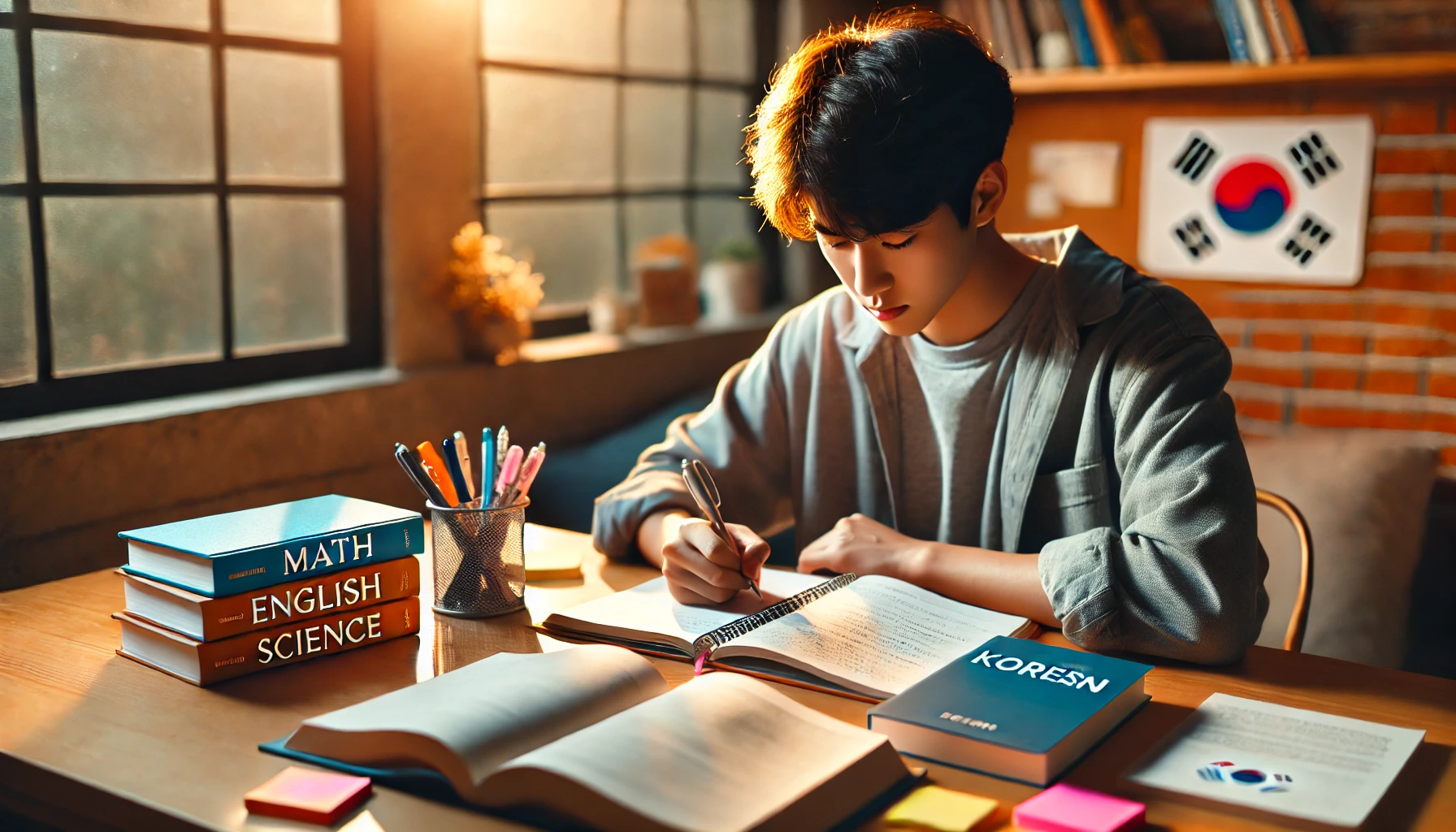 책상 위에 수학, 영어, 국어, 과학 교재를 펼쳐 놓고 과목별로 열심히 공부하는 고등학생 모습