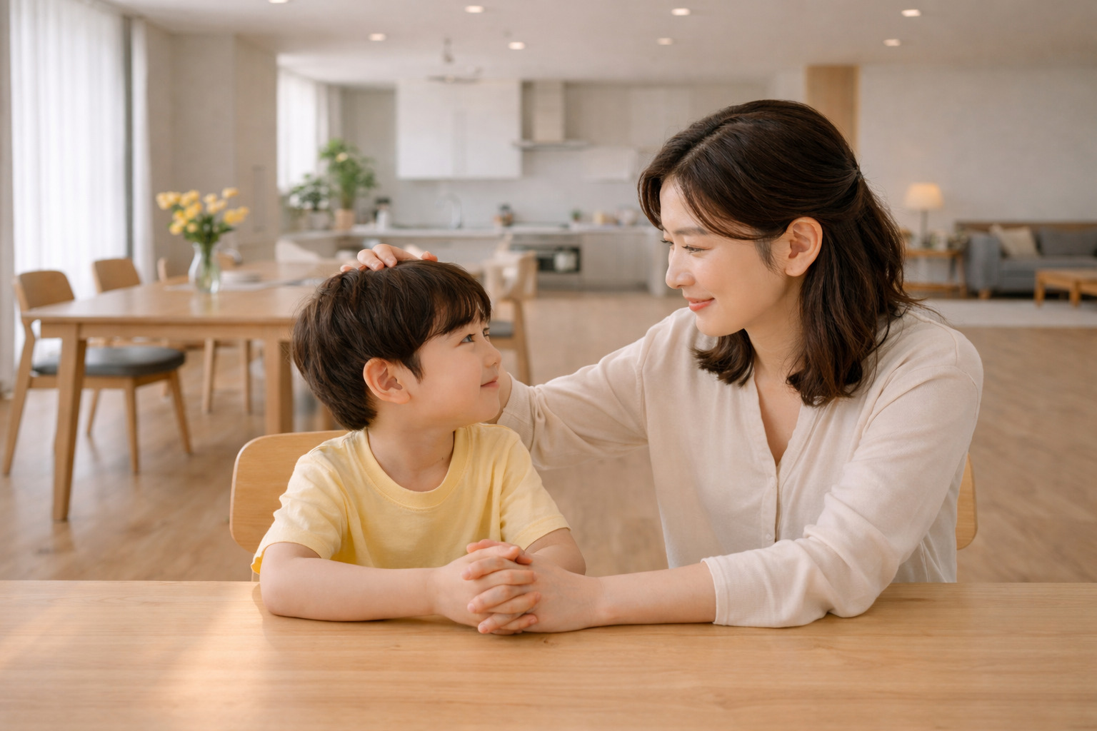 넓은 집 배경에서 식탁에 마주 앉아 엄마가 6살 남자아이의 머리를 다정하게 쓰다듬는 모습
