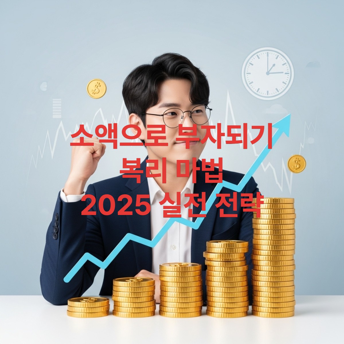 시간과 꾸준한 투자로 자산을 증식시키는 20대 한국인이 미래를 향해 자신감 있게 나아가는 모습, 복리의 마법을 상징하는 시각적 표현