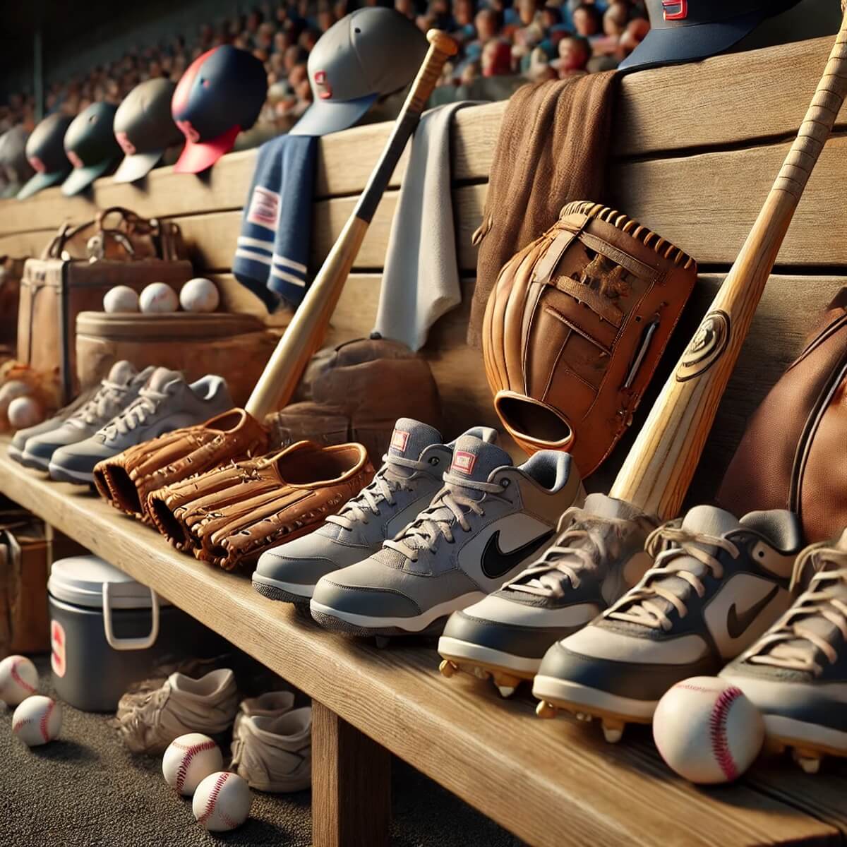 더그아웃 벤치 위에 나열된 다양한 야구 장비들