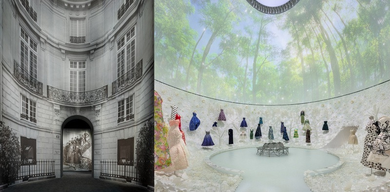 전시 공간은 디올의 디자인 철학과 그의 창조적인 유산을 다양한 각도