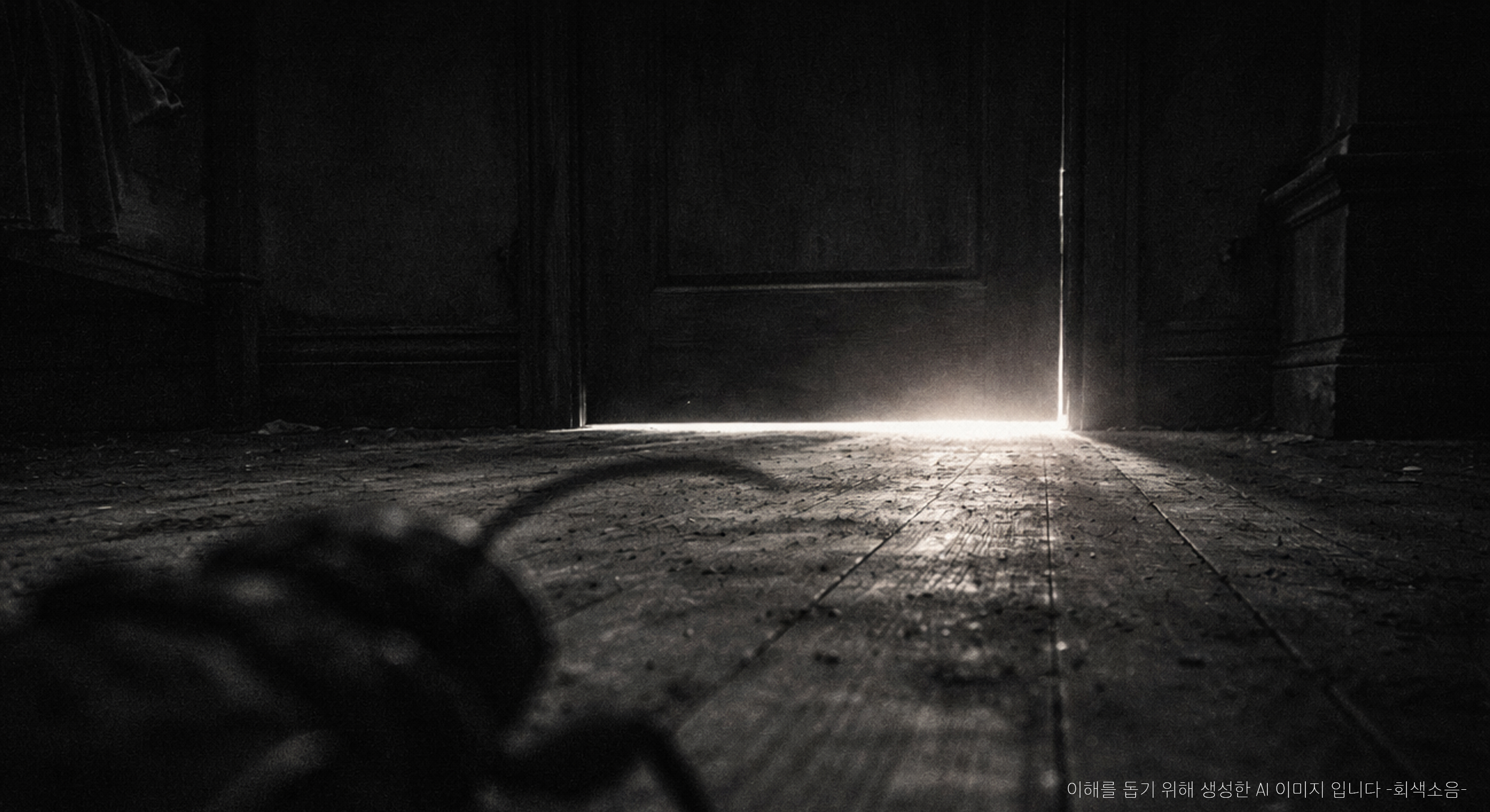 어두운 방 바닥 시점에서 닫힌 문 아래로 새어 나오는 빛과 고립된 실루엣이 대비되며 소외감을 전하는 흑백 장면.