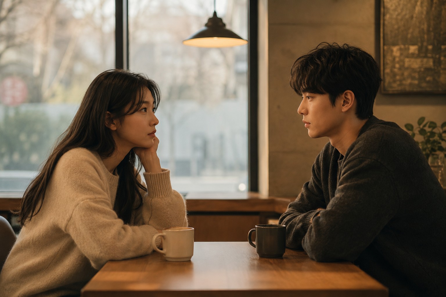 서로에게 강하게 끌리지만 미묘한 거리감이 느껴지는 남녀의 모습, 불안형과 회피형 애착이 서로에게 끌리는 관계 패턴을 표현한 이미지