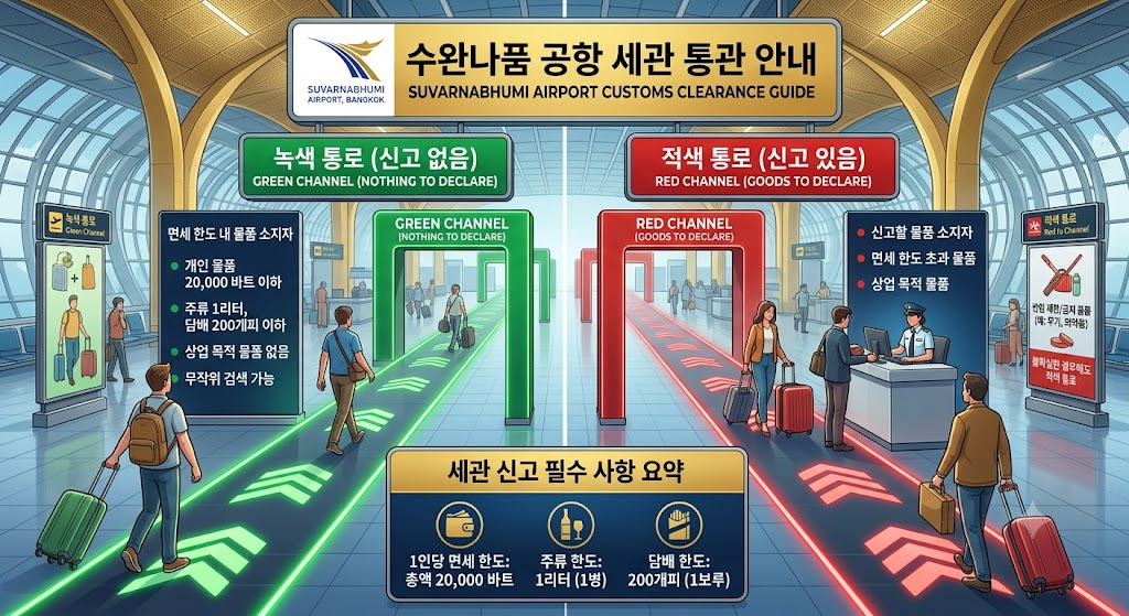 태국 공항 세관 녹색통로 및 적색통로