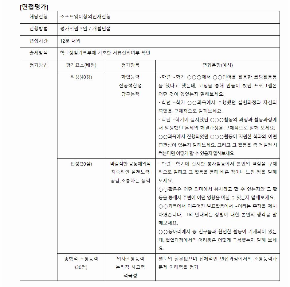 2024학년도 금오공과대학교 학생부종합전형 면접평가