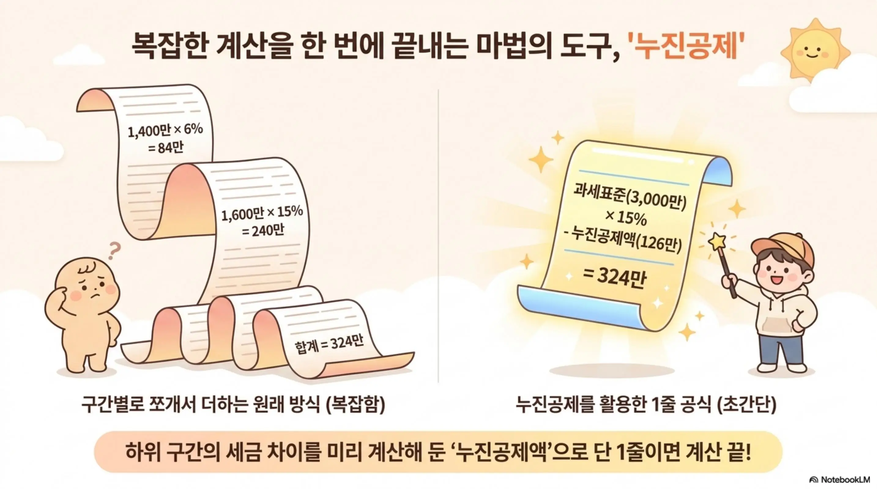 종합소득세 세율: 종합소득세 누진공제를 활용한 간편 계산 공식을 설명하는 이미지. 왼쪽에 구간별로 쪼개서 더하는 복잡한 원래 방식을 긴 두루마리 영수증으로 표현하고 오른쪽에 과세표준 3&amp;#44;000만 원에 15%를 곱하고 누진공제액 126만 원을 빼서 324만 원이 나오는 1줄 공식을 간결하게 보여주며 누진공제액으로 단 1줄이면 계산 끝이라는 안내 문구가 포함됨 