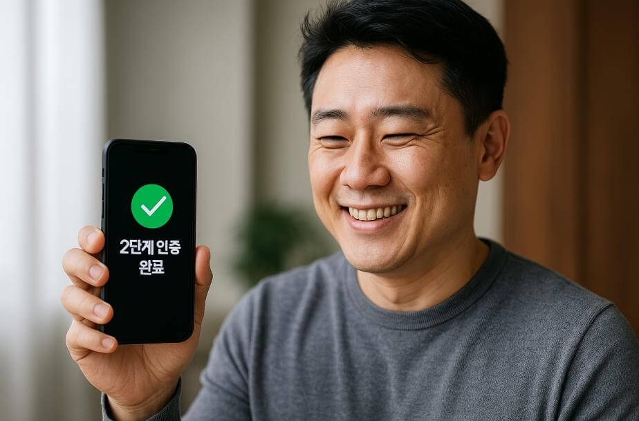 스마트폰 화면에 &lsquo;2단계 인증 완료&rsquo;가 뜨고, 투자자가 안도하는 장면