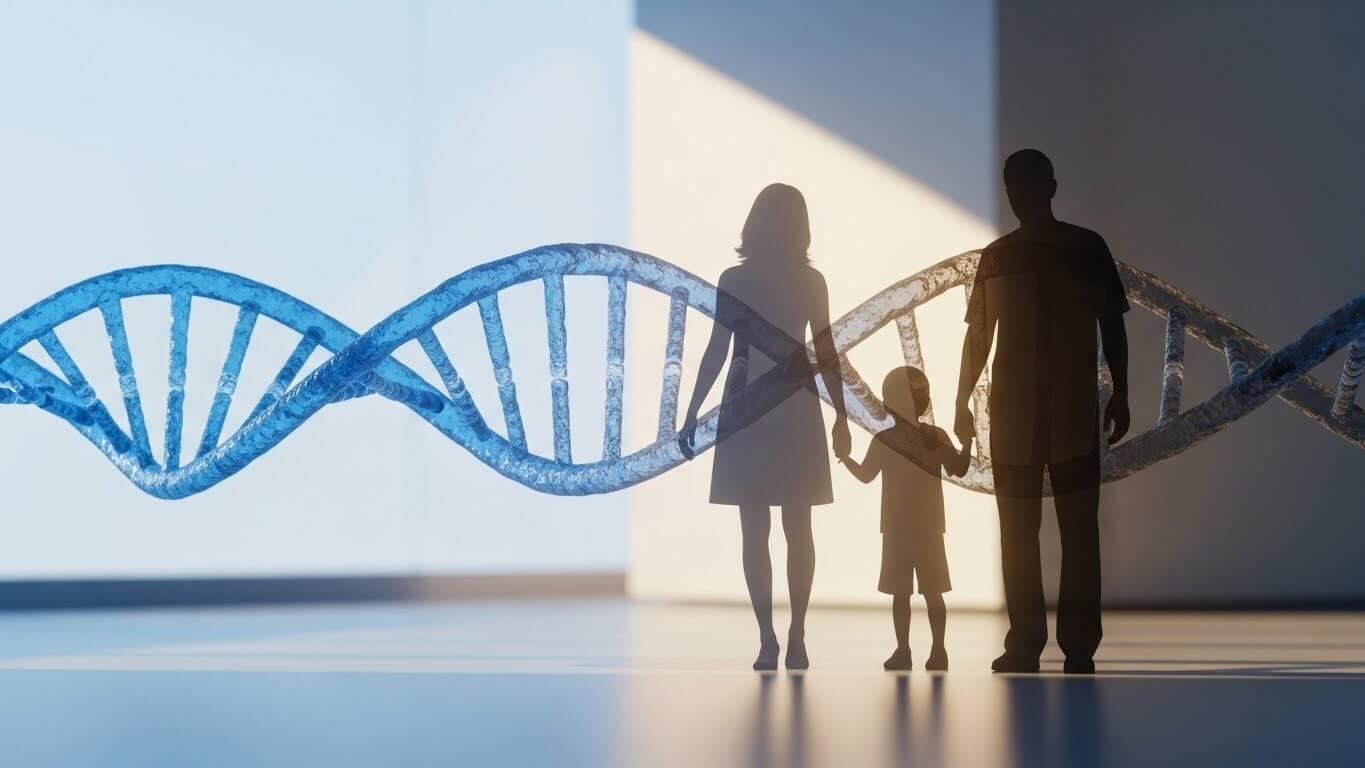 부모와손잡고있는아이와 - 뒤에 염색체가 오버랩되어있다