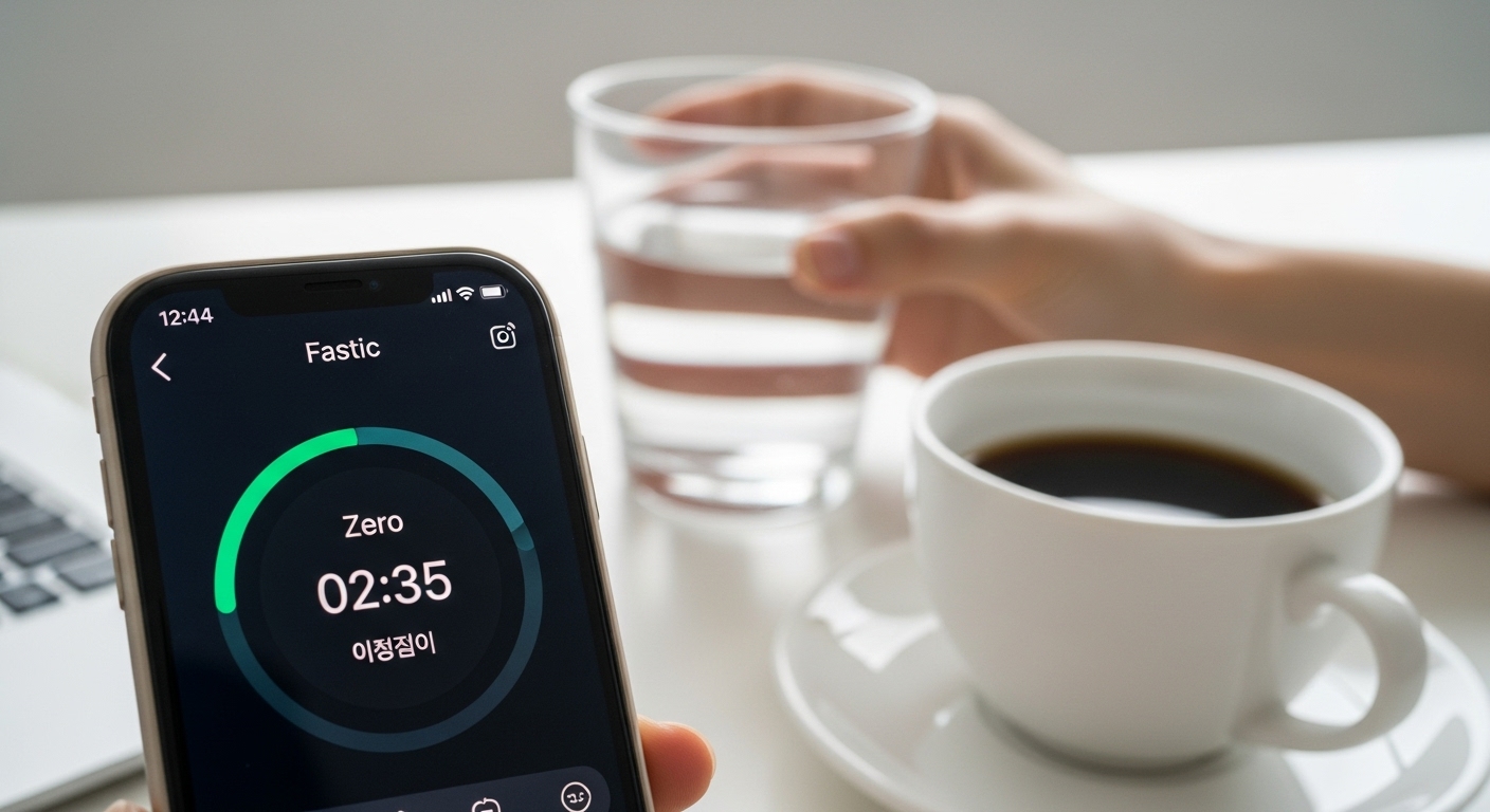 스마트폰 또는 스마트워치 화면에 간헐적 단식 추적 앱이 실행 중인 모습.