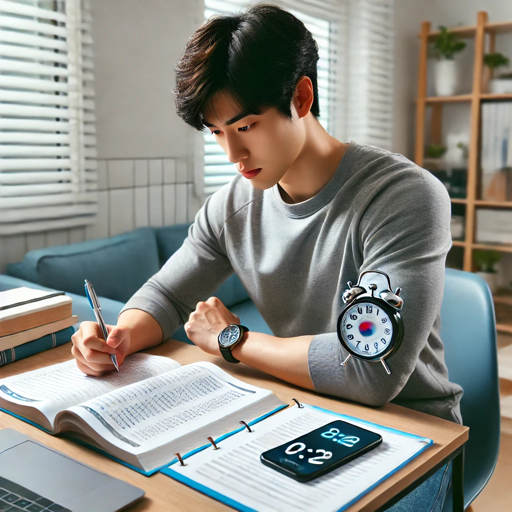 남성이 스마트폰 타이머를 설정하고 기출문제를 풀고 있는 장면. 그는 집중한 표정으로 책상에 앉아 있으며, 주변에는 교재와 노트가 정돈되어 있습니다