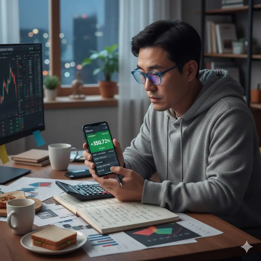 스마트폰 주식 거래 앱의 수익률 화면을 보며 양도소득세를 계산하는 투자자의 모습)