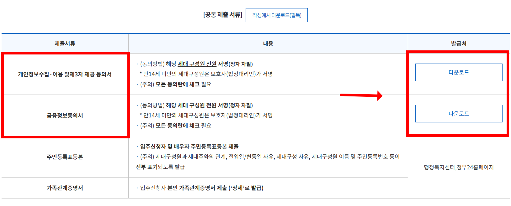 제출서류 다운로드 경로 안내 화면