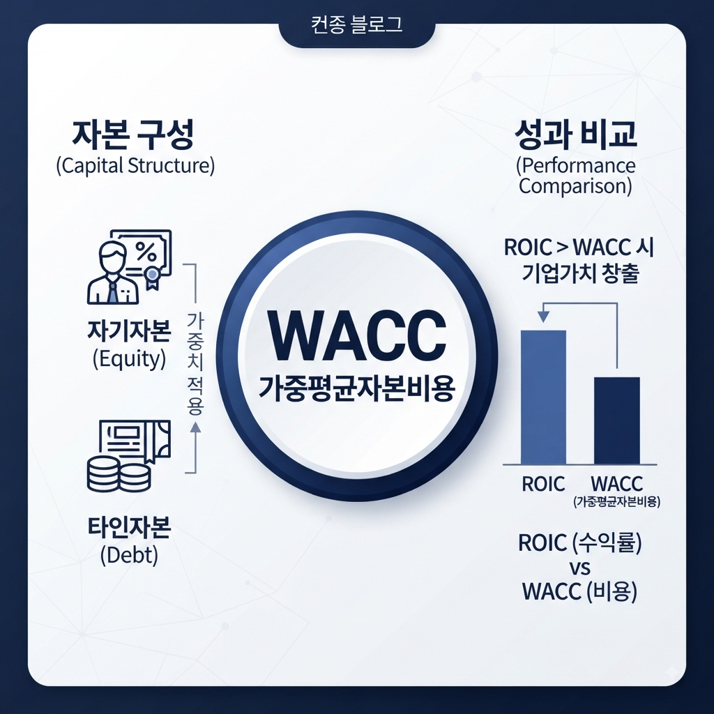 WACC 가중평균자본비용과 ROIC 비교를 설명하는 금융 인포그래픽