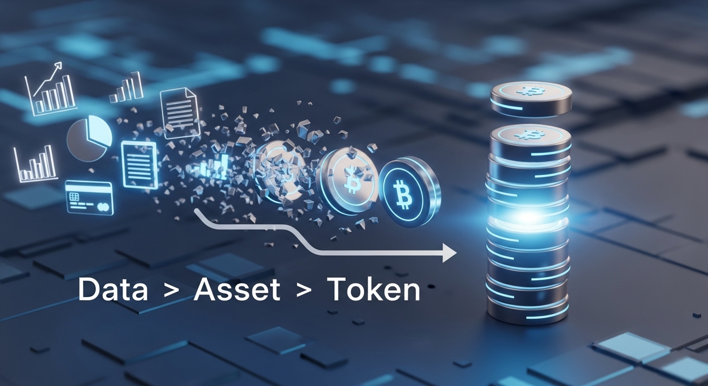 3D image of data icons (graphs, documents, credit cards) transforming into token cubes and stacking up, with 'Data → Asset → Token' arrow flow diagram.