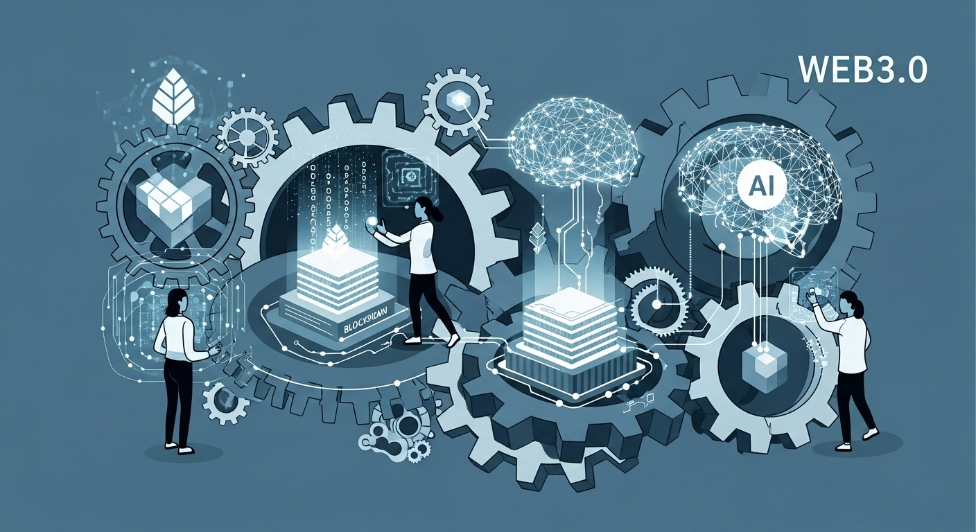 블록체인, AI, 탈중앙화 등 웹3.0 기술이 메타버스와 유기적으로 연결되어 시너지를 내는 모습을 형상화한 이미지.