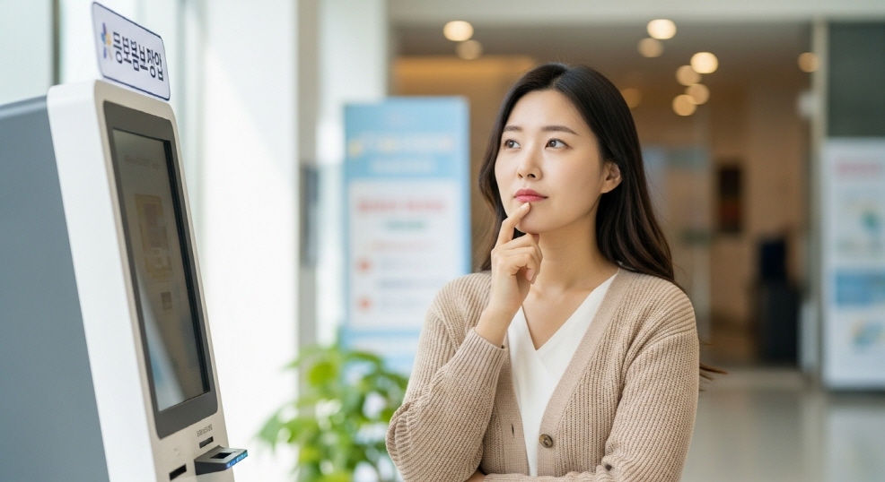 키오스크 앞에서 고민하는 여성