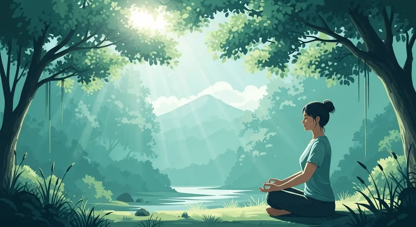 녹음이 우거진 야외에서 평화롭게 명상하는 사람의 모습, 마음의 평화와 자연과의 연결을 상징한다.