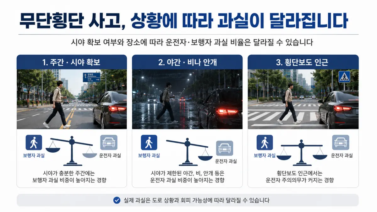 주간 야간 횡단보도 인근 무단횡단 사고 과실 판단 비교 인포그래픽