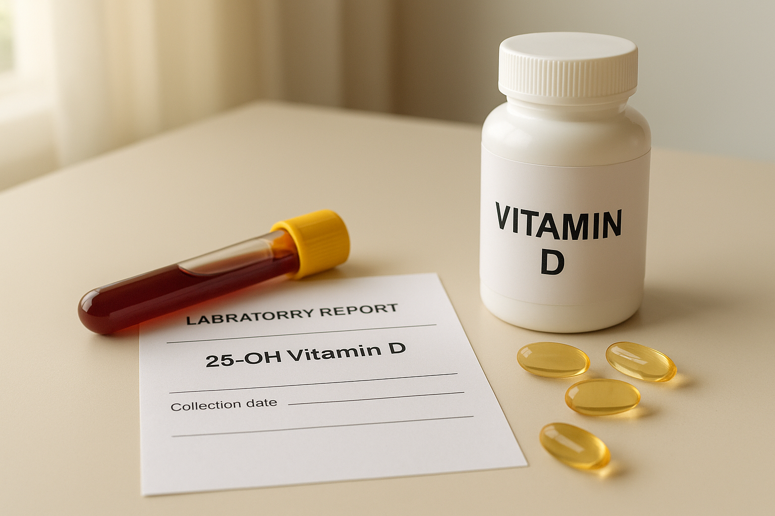비타민 D 혈중검사와 보충제 루틴을 보여주는 실사 이미지