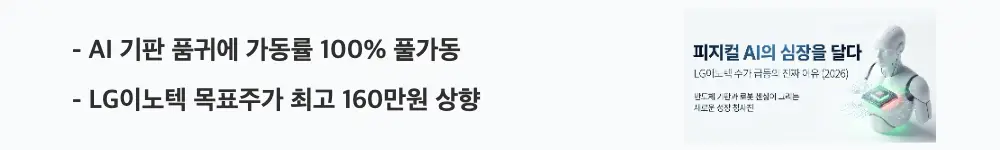 LG이노텍 주가 전망: 'AI 기판 품귀에 가동률 100% 풀가동'이라는 문구가 포함된 웹배너 이미지. 이 이미지는 LG이노텍 FC-BGA 반도체 기판 공급 부족 수혜와 증권사 목표주가 상향을 시각적으로 전달하며, 블로그의 LG이노텍 주가 전망과 관련된 내용을 설명함