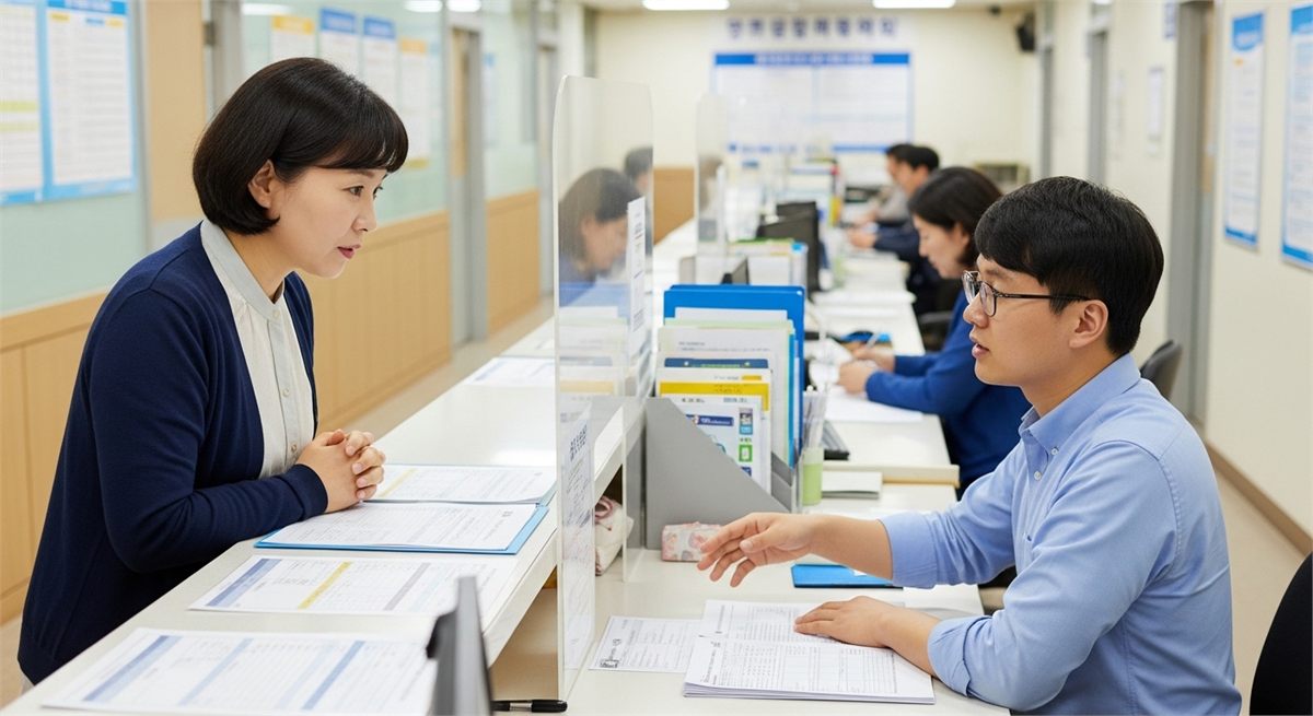 행정복지센터 창구에서 서류를 보며 상담받는 주민 모습 