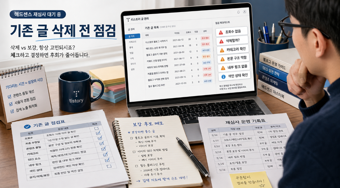 티스토리 블로거가 재심사 대기 중 조회수 없는 기존 글을 삭제하기 전 카테고리 본문 구조 내부 링크 색인 상태를 점검하는 이미지