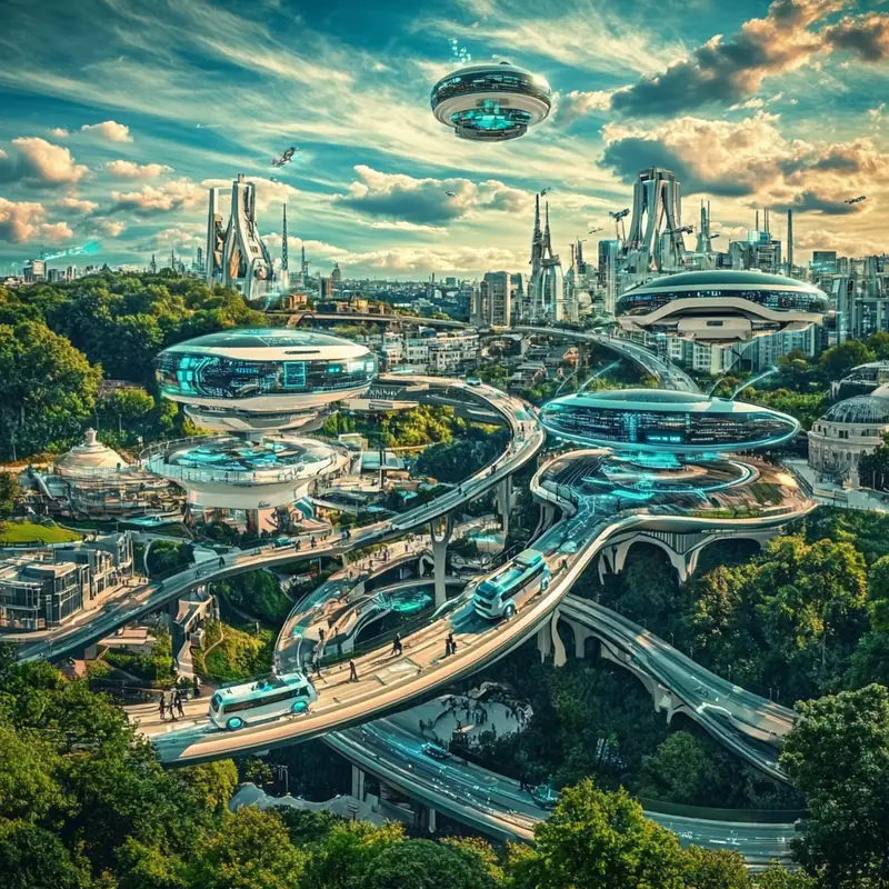 미래의 도시에 자율주행 차량과 AI 기술이 자연스럽게 융합되어 활기를 띠는 모습. 현대의 낙관적 분위기와 혁신이 조화를 이루는 장면.