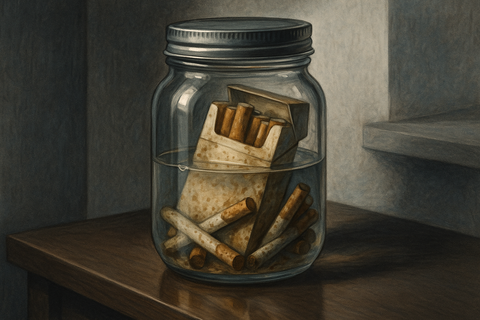 유리병에 담배를 넣고 물을 부은 후 밀봉한 일러스트