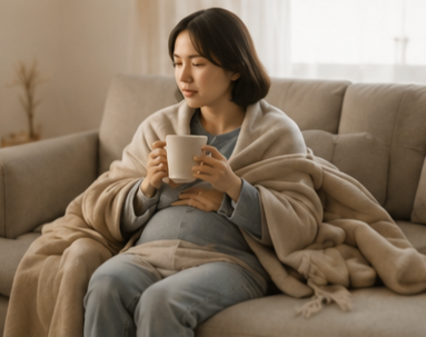 휴식하며 따뜻한 차마시는 임산부