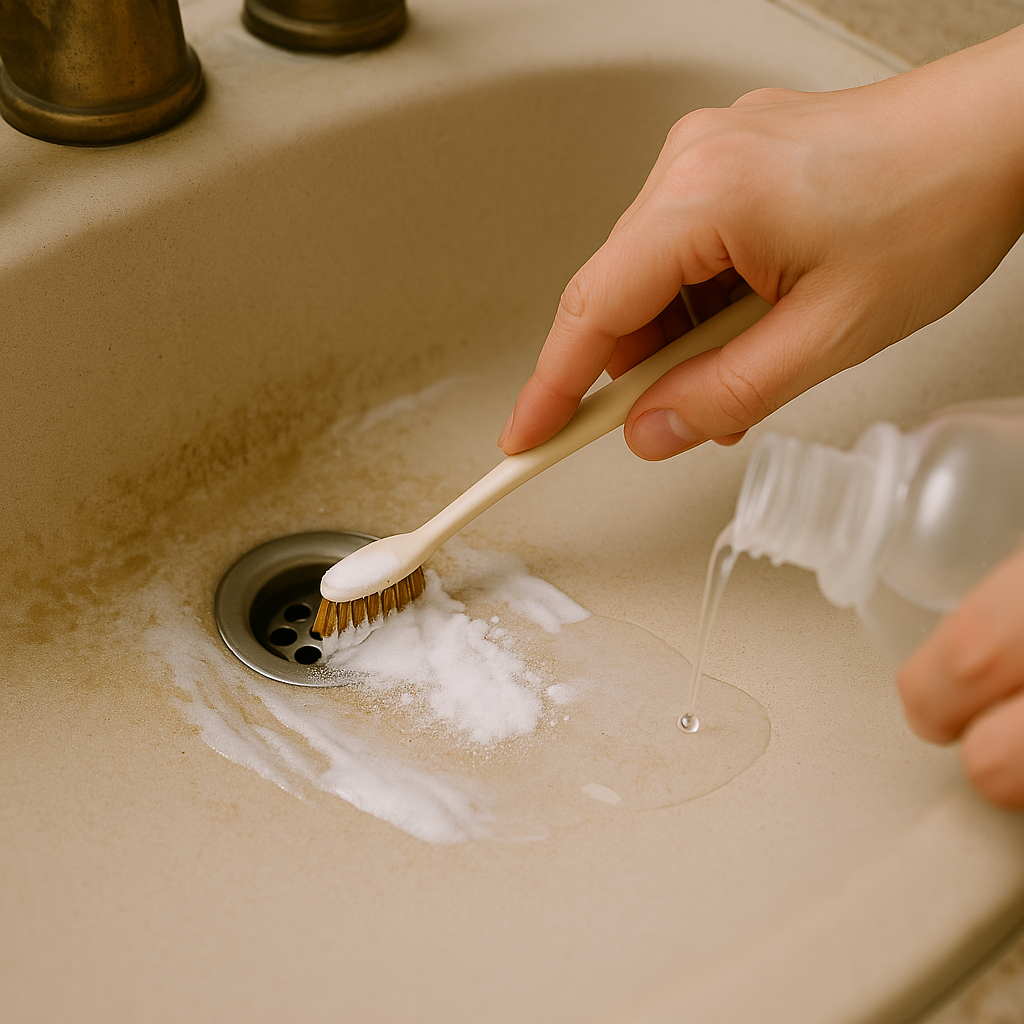 사람이 칫솔에 베이킹소다를 묻히고 식초를 부어 세면대 배수구 주변의 물때를 닦는 모습