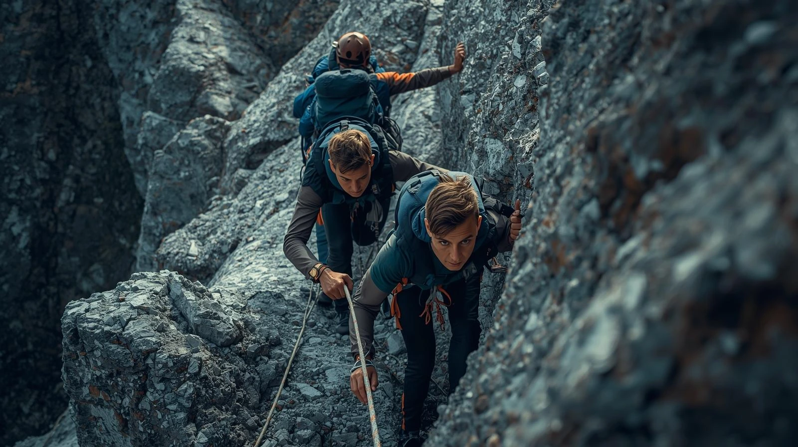 험난한 지형에서도 서로 손을 잡아주며 등반하는 동료애가 느껴지는 사진)